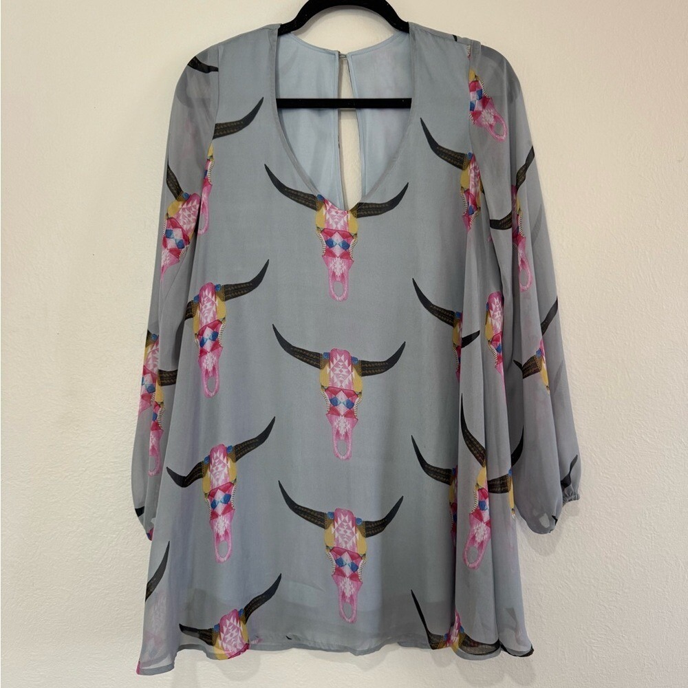 Show Me Your Mumu Blue Longhorn Skull Chiffon Mini Dress XS Western (779)